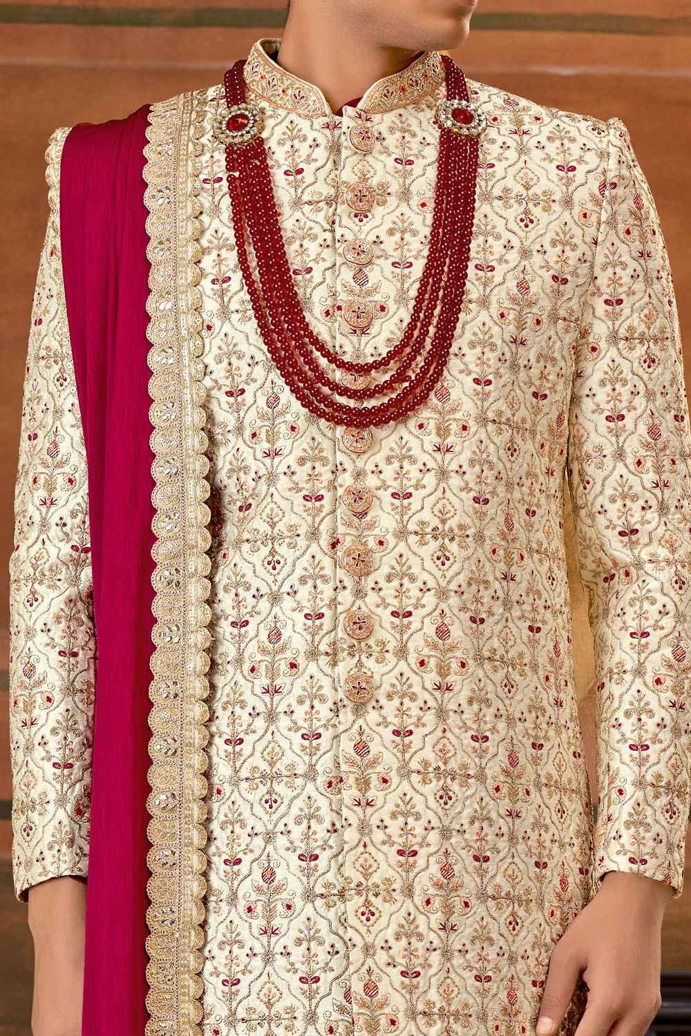 Cream Embroidered Silk Sherwani (NMK-6382)