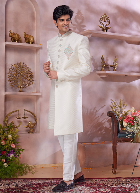 Cream Jaquard Banarasi Silk Sherwani (NMK-8305) - Nihal Fashions