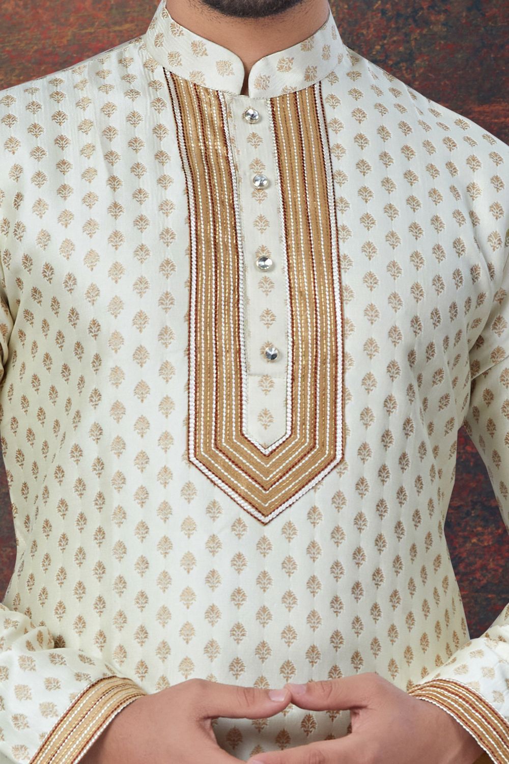 Cream Jaquard Kurta Pajama (NMK-7821) - Nihal Fashions