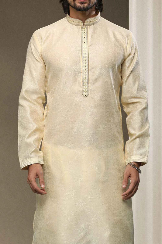 Cream Jaquard Silk Brocade Kurta Pajama (NMK-5940)