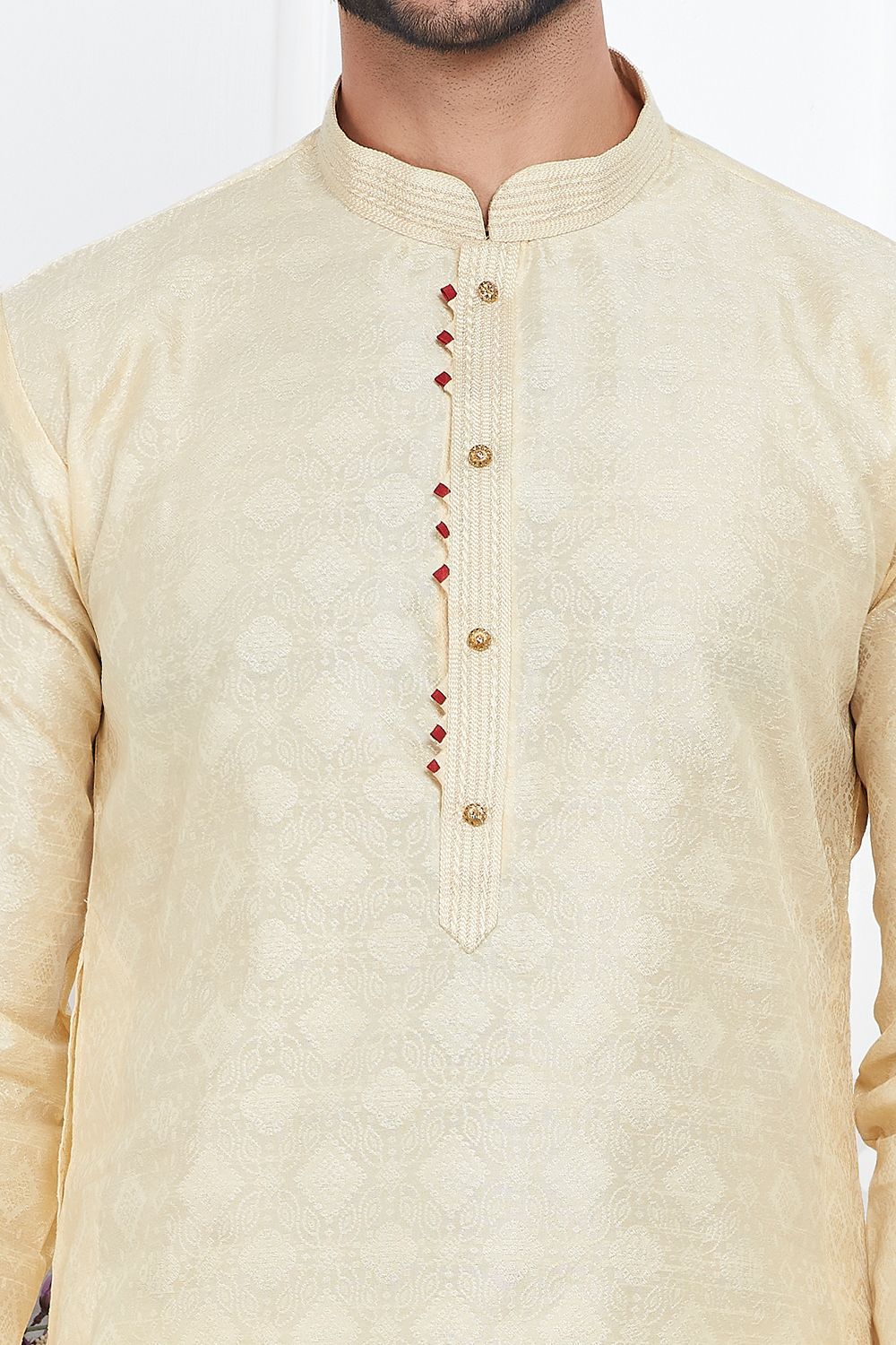 Cream Jaquard Silk Brocade Mens Kurta (NMK-7750) - Nihal Fashions