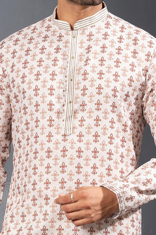 Cream Printed Cotton Silk Kurta Pajama (NMK-8786) - Nihal Fashions