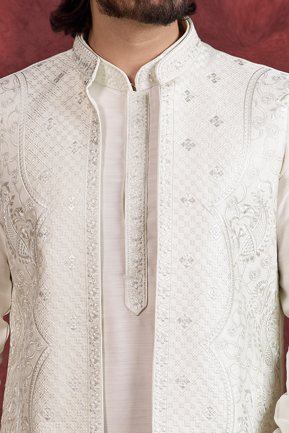 Cream Silk 3 piece Long Kurta Jacket (NMK-8693) - Nihal Fashions