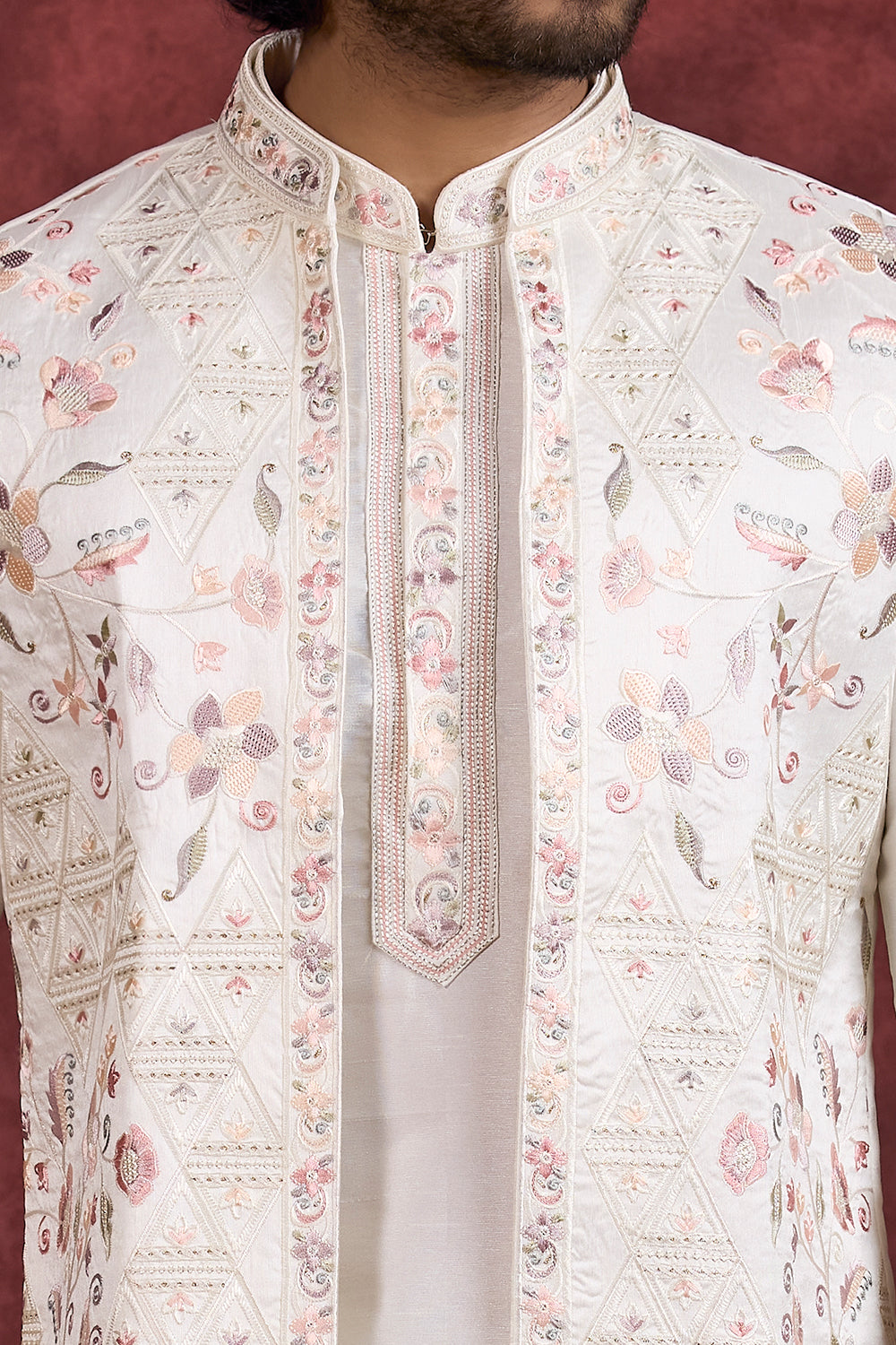 Cream Silk 3 piece Long Kurta Jacket (NMK-8695) - Nihal Fashions