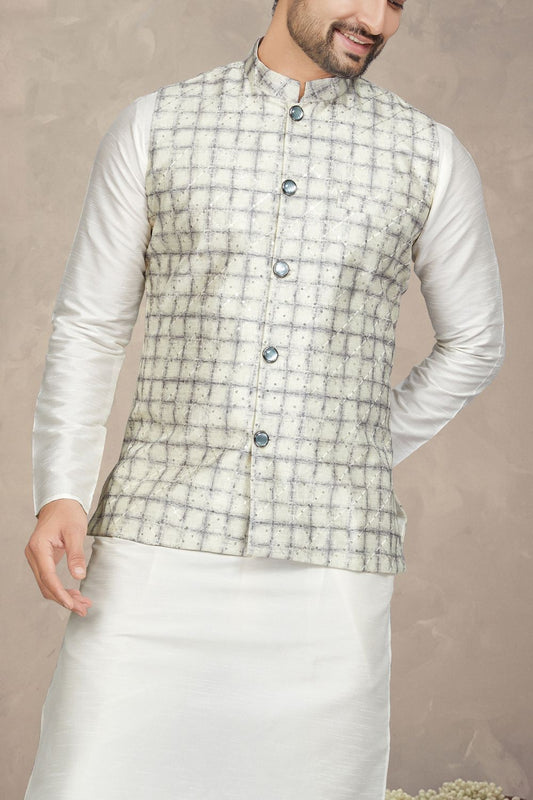 Cream with Lavender Art Silk Mens Nehru Jacket (NMK-6977) - Nihal Fashions