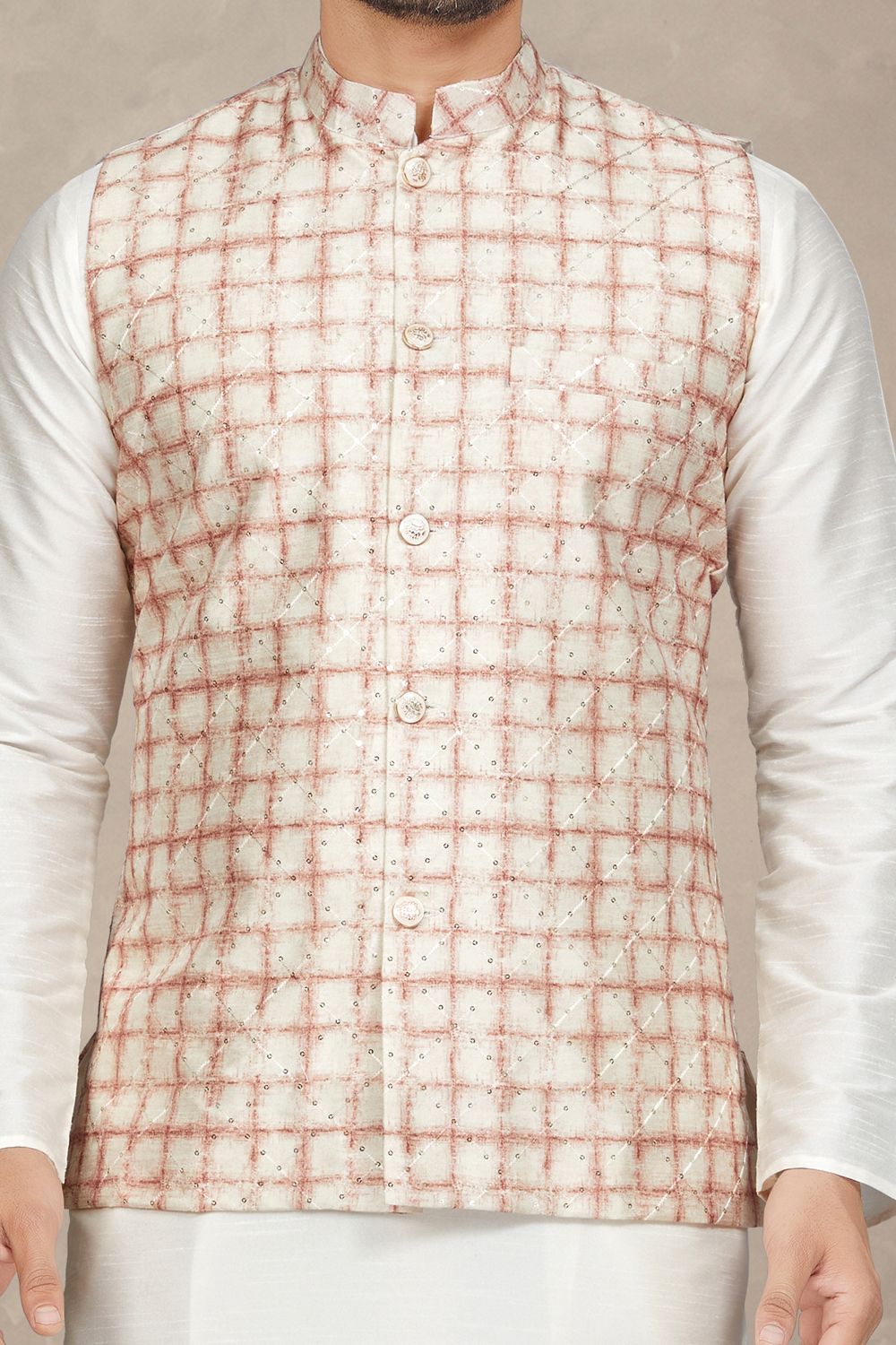 Cream with Rust Art Silk Mens Nehru Jacket (NMK-6976) - Nihal Fashions