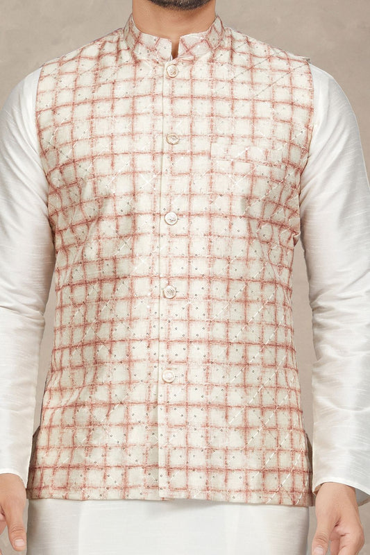 Cream with Rust Art Silk Mens Nehru Jacket (NMK-6976) - Nihal Fashions