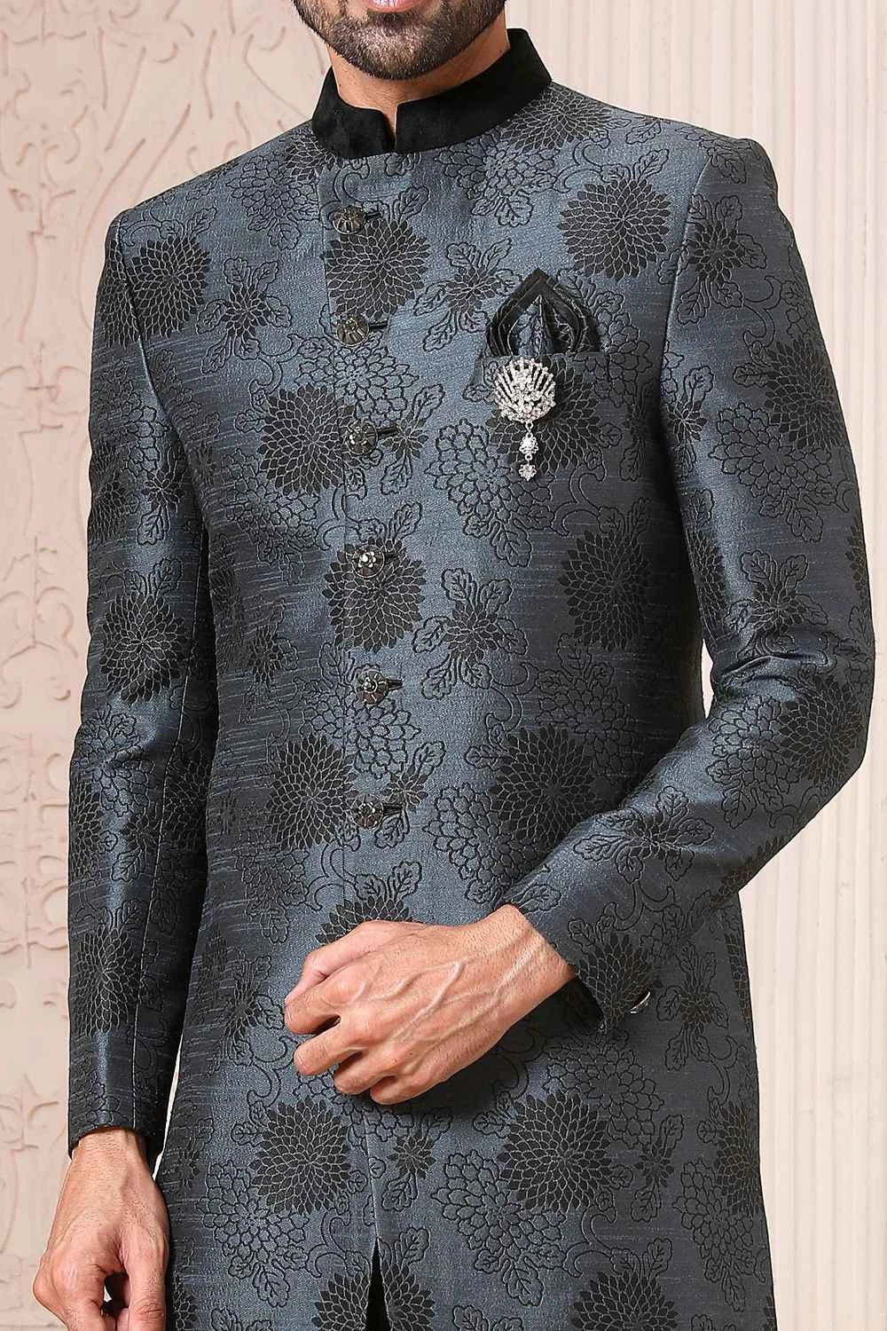 Dark Blue, Grey Jaquard Indowestern (NMK-5155)
