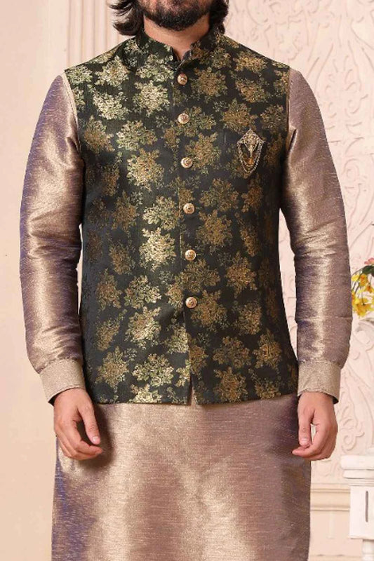 Dark Green Art Banarasi Silk Nehru Jacket (NMK-5635)