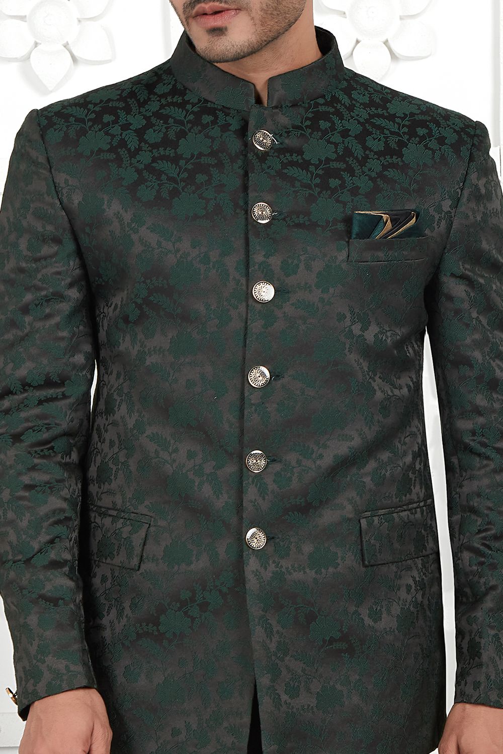 Dark Green Imported Jaquard Silk Indo Western (NMK-7219) - Nihal Fashions