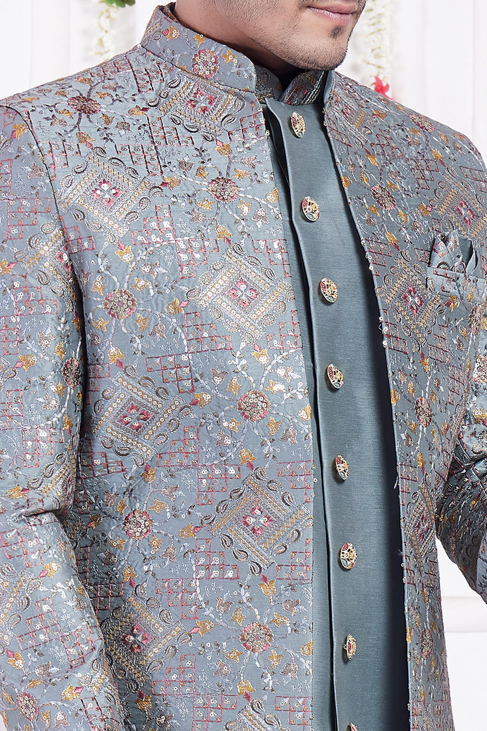 Dark Greyish Blue Art Silk 3 piece Jacket Set (NMK-8399) - Nihal Fashions