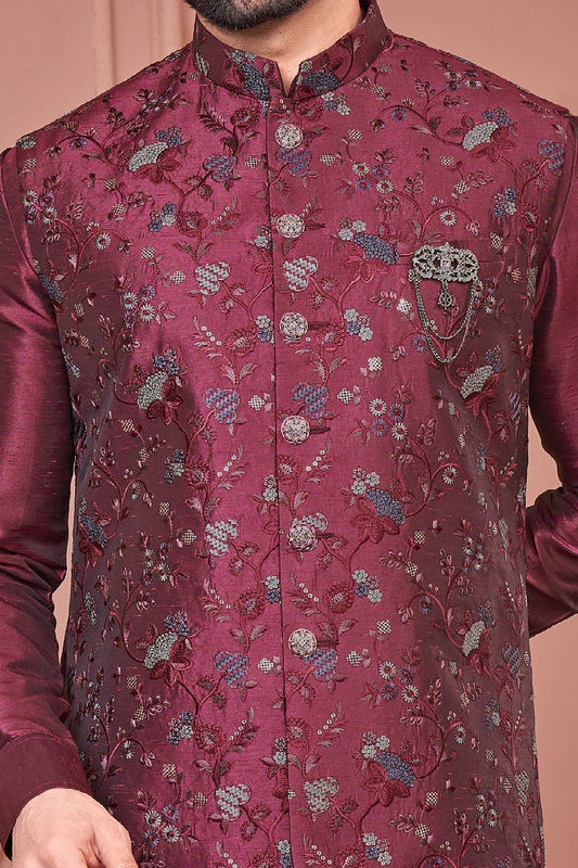 Dark Maroon Art Banarasi Silk Nehru Jacket (NMK-7420) - Nihal Fashions