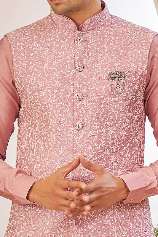 Dark Onion Pink Art Silk Nehru Jacket (NMK-8013) - Nihal Fashions