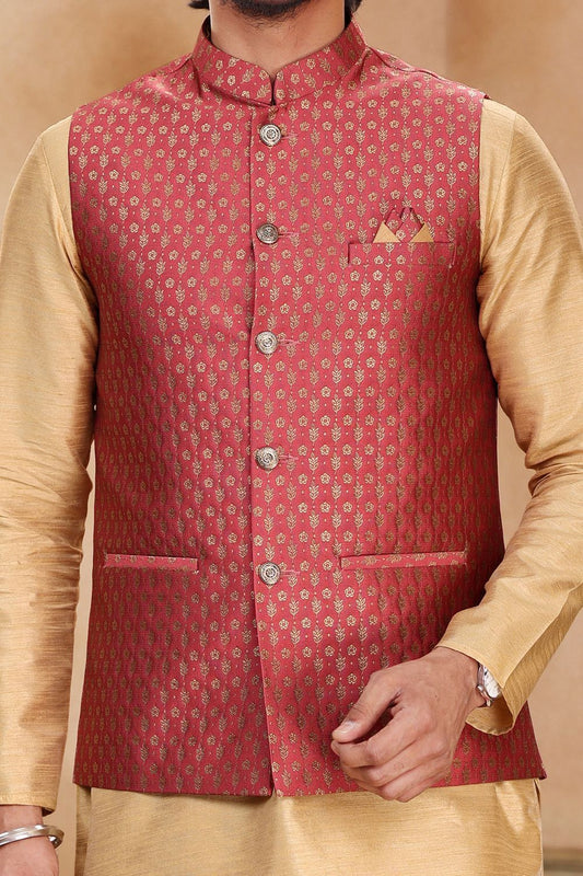 Dark Pink Jaquard Banarasi Silk Nehru Jacket (NMK-7461) - Nihal Fashions