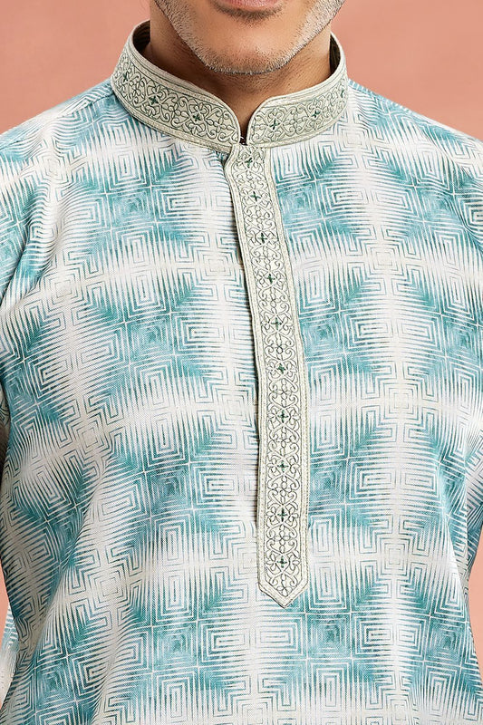 Digital Printed Green Cotton Kurta Pajama (NMK-7543) - Nihal Fashions