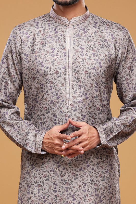Digital Printed Grey Art Silk Kurta Pajama (NMK-7060) - Nihal Fashions