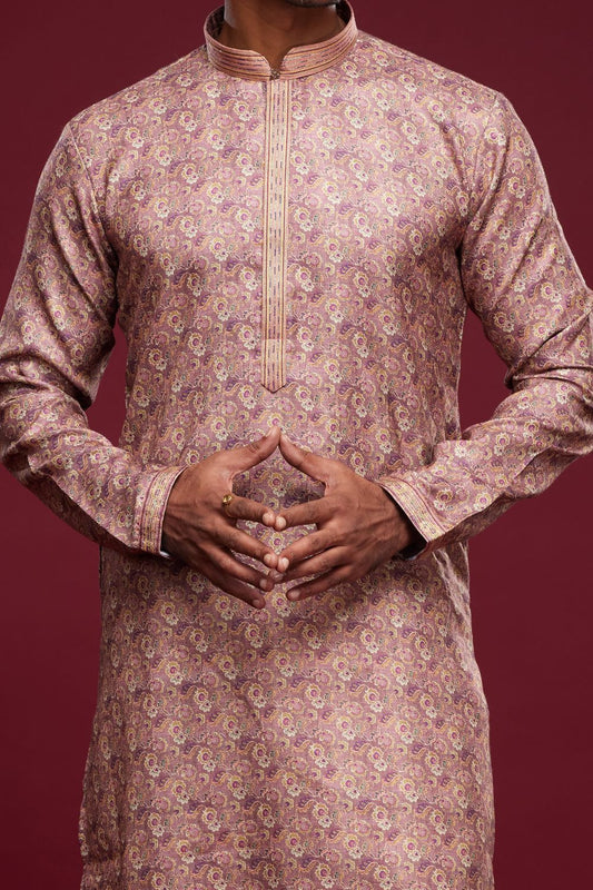 Digital Printed Light Purple Art Silk Kurta Pajama (NMK-7049) - Nihal Fashions