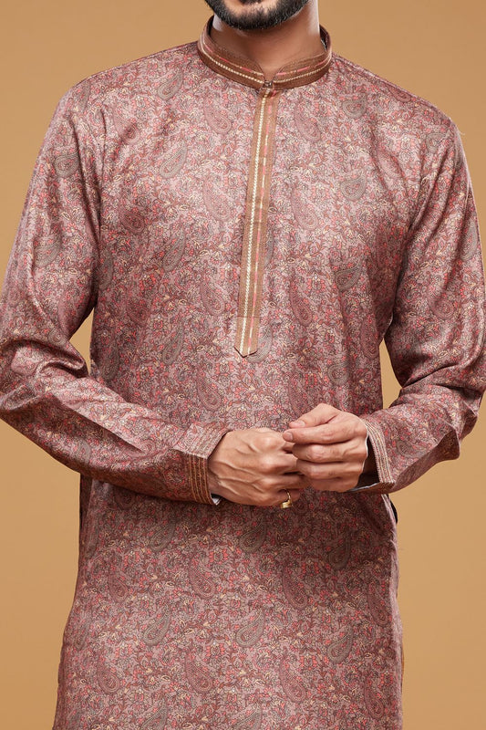 Digital Printed Maroon Art Silk Kurta Pajama (NMK-7045) - Nihal Fashions