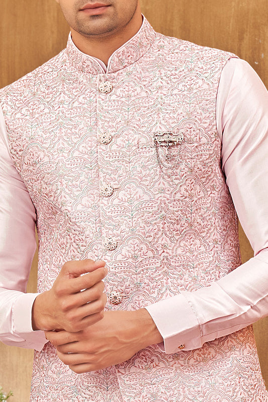 Embroidered Art Silk Nehru Jacket in Pink (NMK-8028) - Nihal Fashions