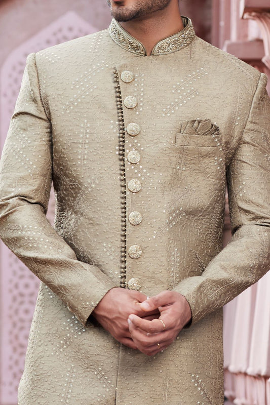 Embroidered Beige Art Silk Sherwani (NMK-7121) - Nihal Fashions