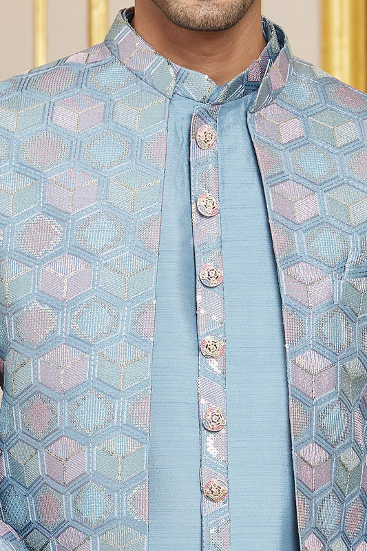 Embroidered Blue Art Silk Indo Western (NMK-8267) - Nihal Fashions