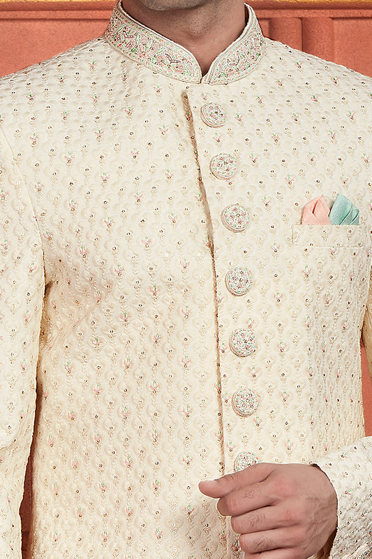 Embroidered Cream Georgette Sherwani (NMK-7893) - Nihal Fashions