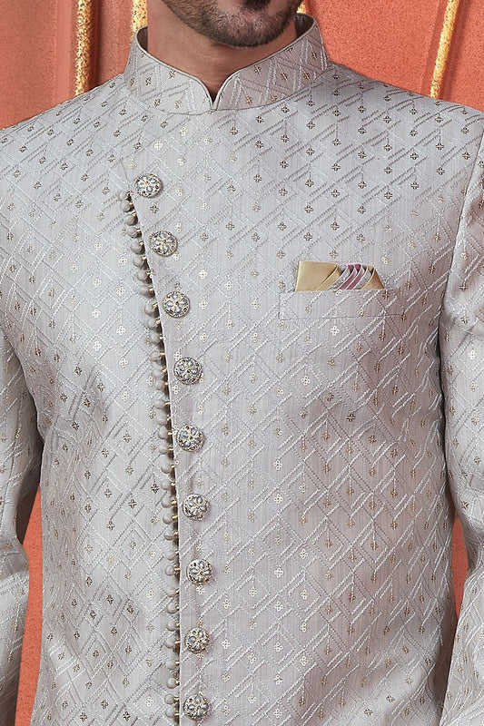 Embroidered Grey Art Silk Sherwani (NMK-7734) - Nihal Fashions