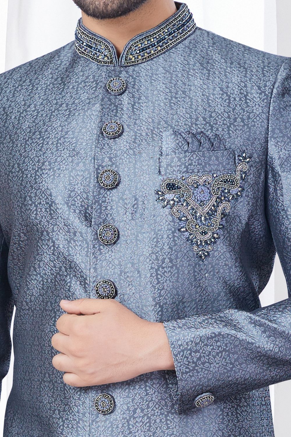 Embroidered Grey Jaquard Indo Western (NMK-7795) - Nihal Fashions