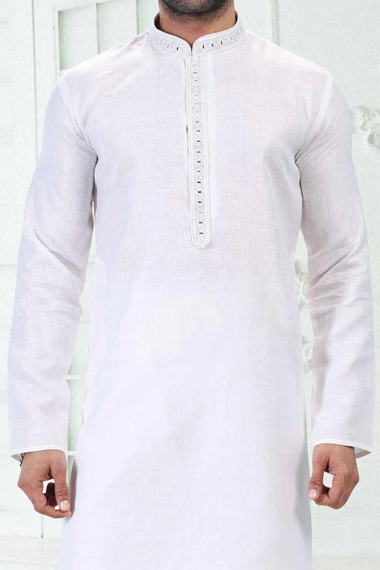 Embroidered Linen Cotton Off White Kurta Pajama (NMK-6645)