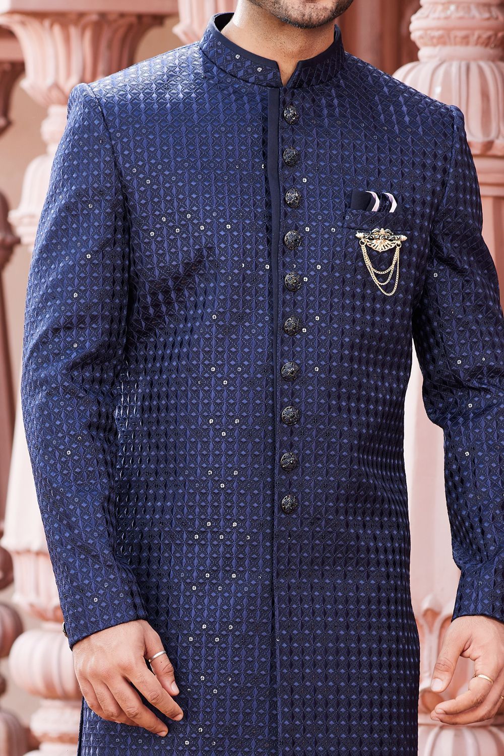 Embroidered Navy Blue Art Silk Sherwani (NMK-7123) - Nihal Fashions