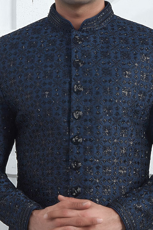 Embroidered Navy Blue Art Silk Sherwani (NMK-7714) - Nihal Fashions