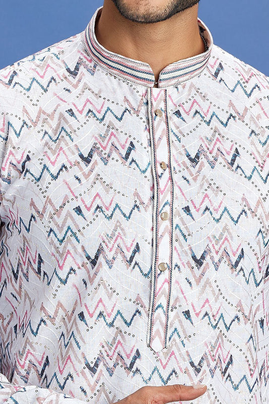 Embroidered Off White Cotton Kurta Pajama (NMK-7518) - Nihal Fashions