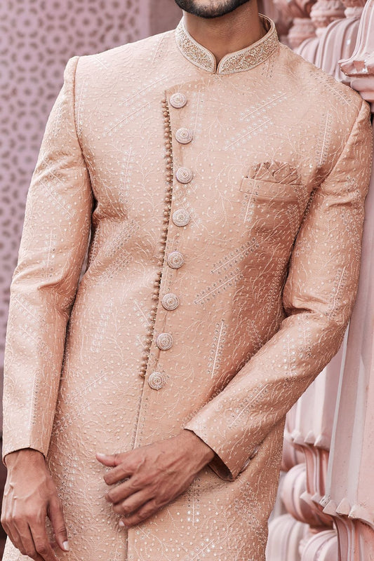 Embroidered Peach Art Silk Sherwani (NMK-7120) - Nihal Fashions