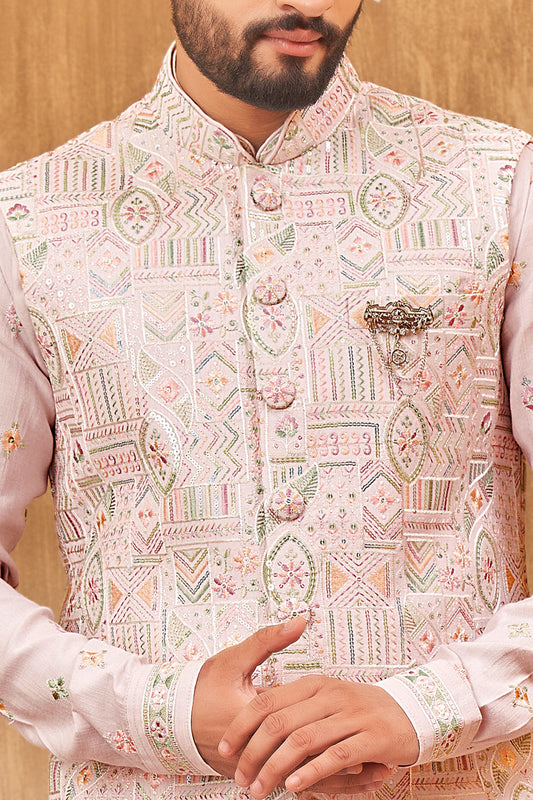 Embroidered Pink Art Silk Nehru Jacket (NMK-8010) - Nihal Fashions