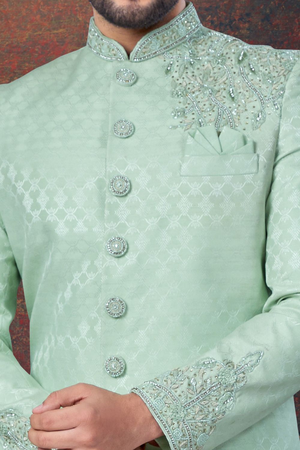Embroidered Pista Green Jaquard Indo Western (NMK-7791) - Nihal Fashions