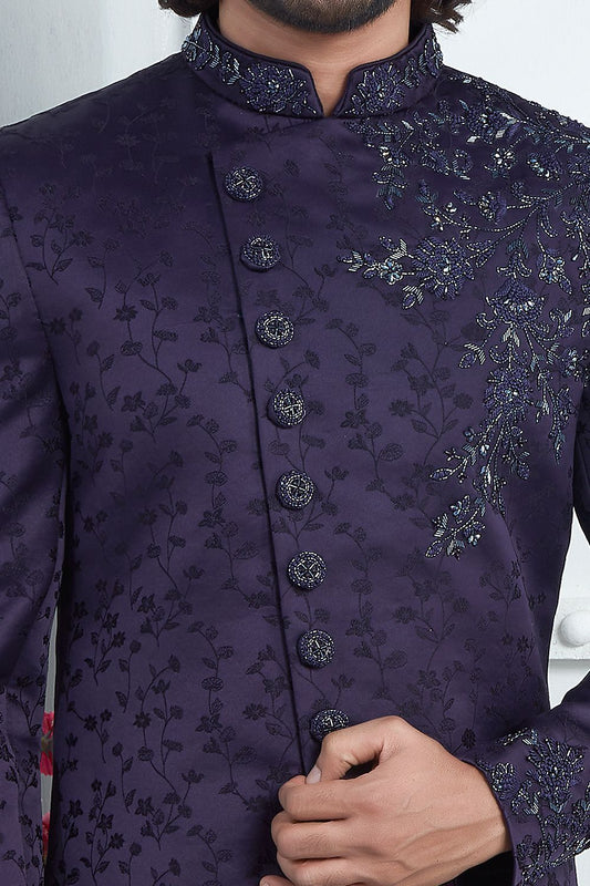 Embroidered Purple Art Silk Sherwani (NMK-7718) - Nihal Fashions