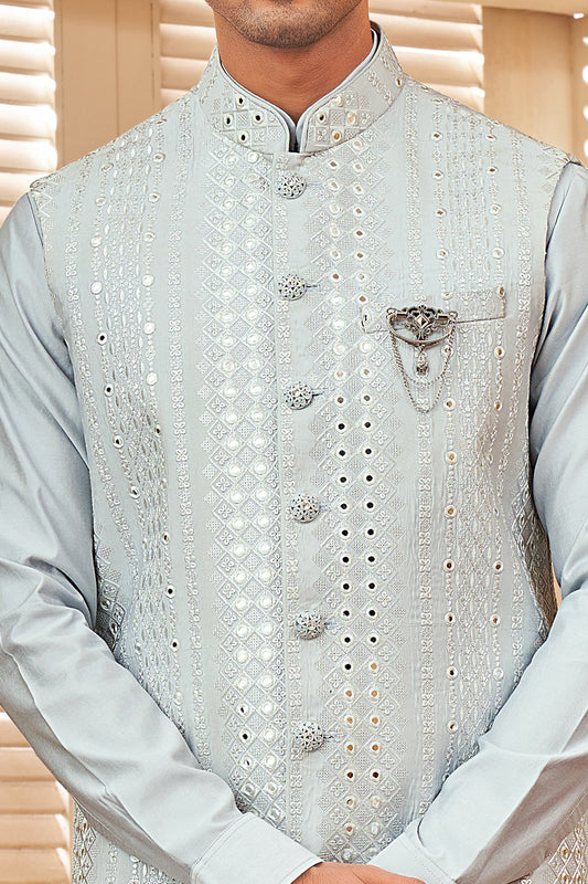 Embroidered Sky Blue Art Silk Nehru Jacket (NMK-8009) - Nihal Fashions