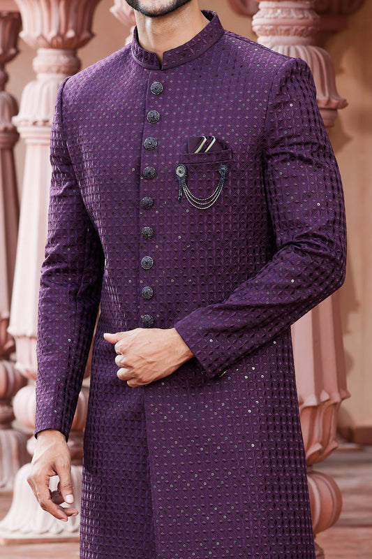 Embroidered Wine Art Silk Sherwani (NMK-7122) - Nihal Fashions