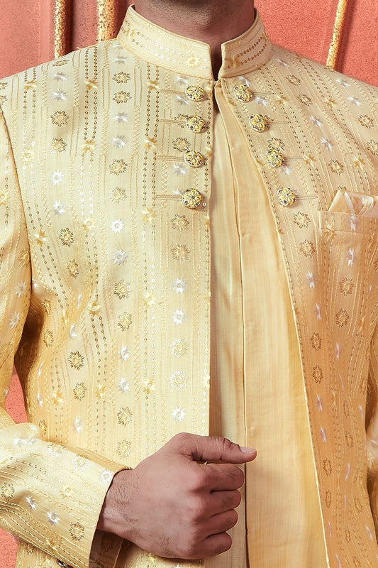 Embroidered Yellow Art Silk Indo Western (NMK-7725) - Nihal Fashions