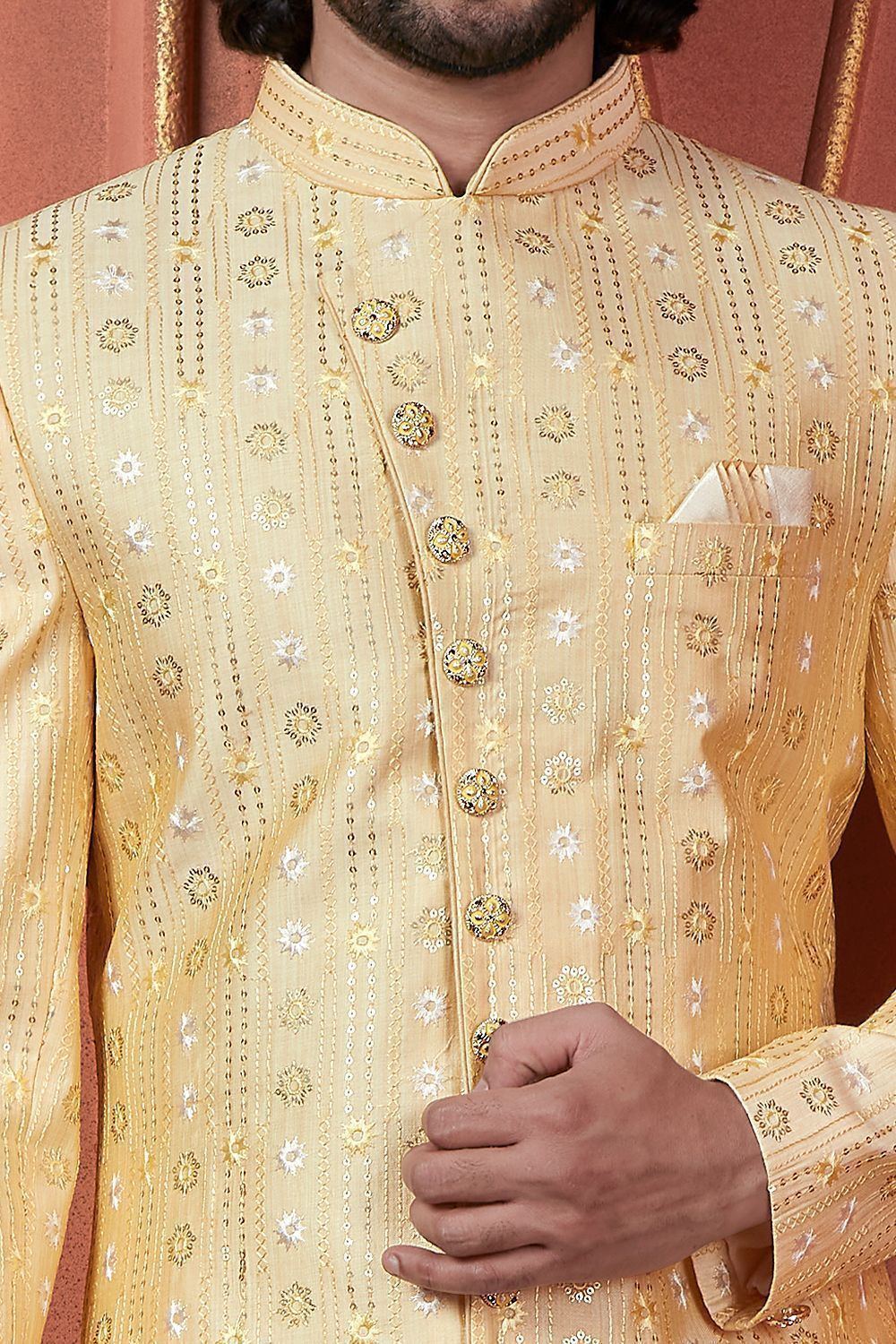 Embroidered Yellow Art Silk Sherwani (NMK-7730) - Nihal Fashions