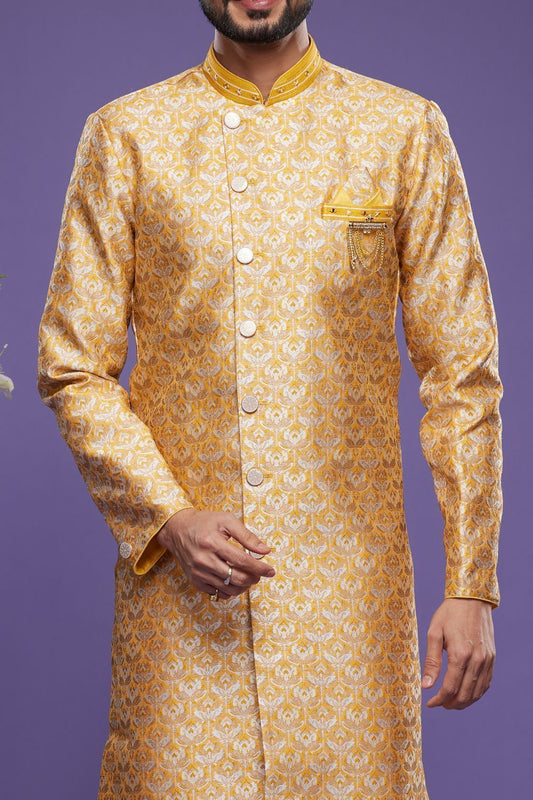Embroidered Yellow Banarasi Jaquard Indo Western (NMK-7026) - Nihal Fashions