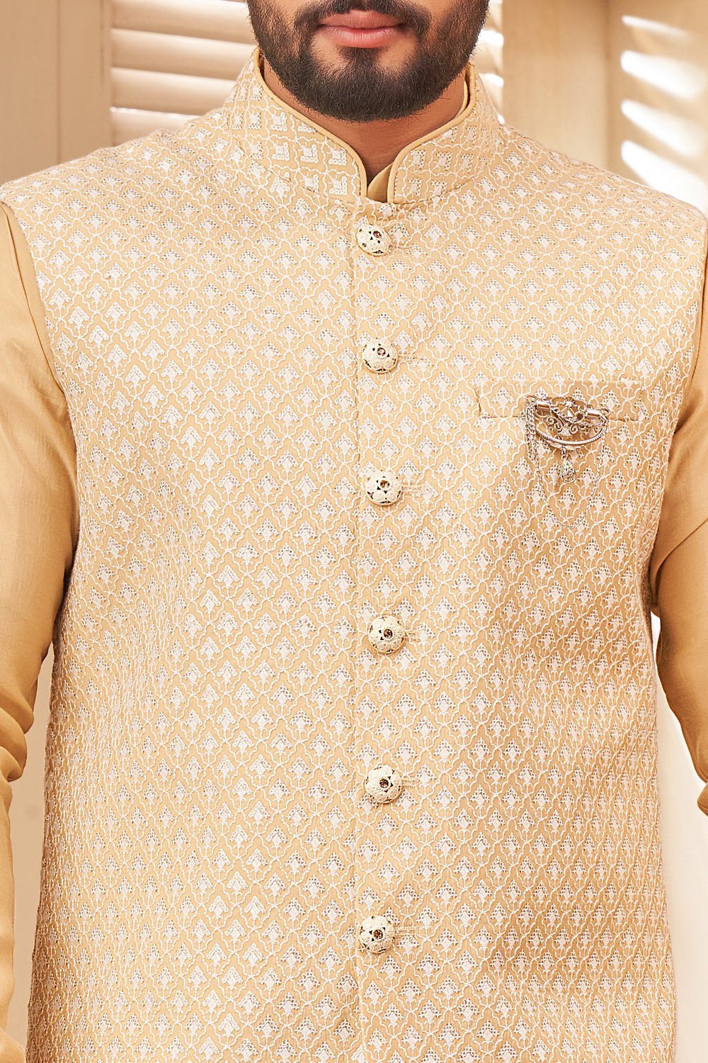 Gold Art Silk Mens Nehru Jacket (NMK-8033) - Nihal Fashions