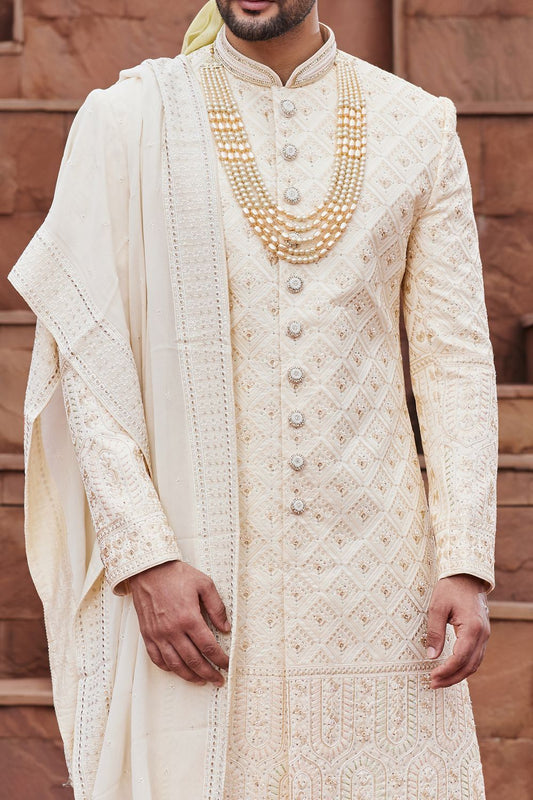 Gold Art Silk Mens Wedding Sherwani (NMK-7163) - Nihal Fashions