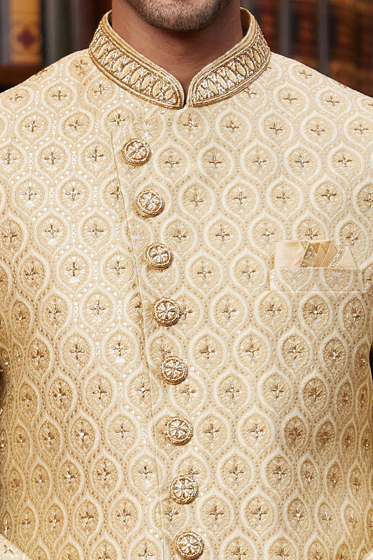 Gold Imported Jaquard Silk Sherwani (NMK-8284) - Nihal Fashions