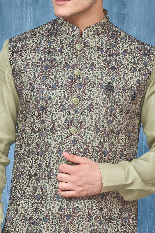 Green Art Banarasi Silk Nehru Jacket (NMK-7416) - Nihal Fashions