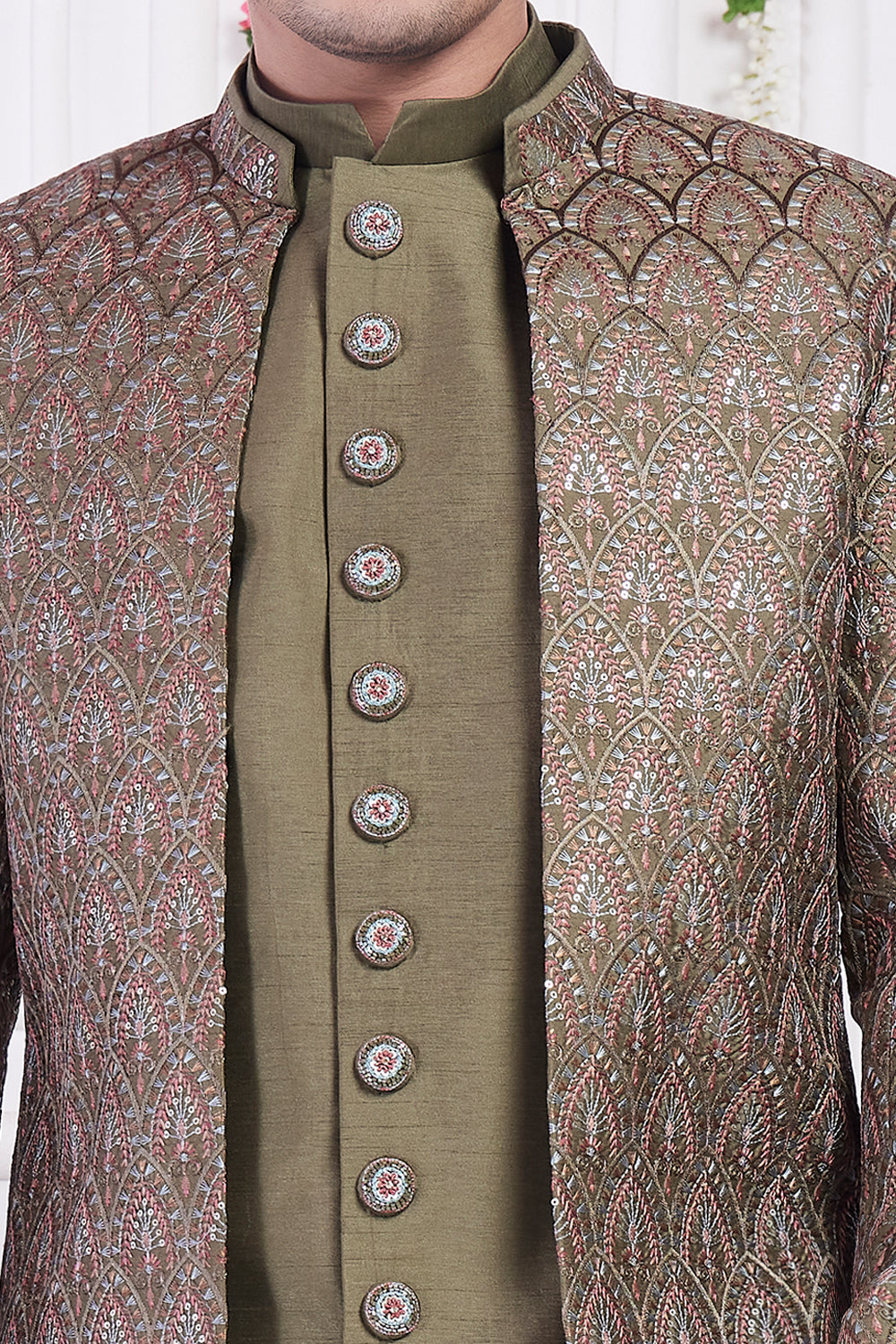 Green Art Silk 3 piece Mens Jacket Set (NMK-8404) - Nihal Fashions