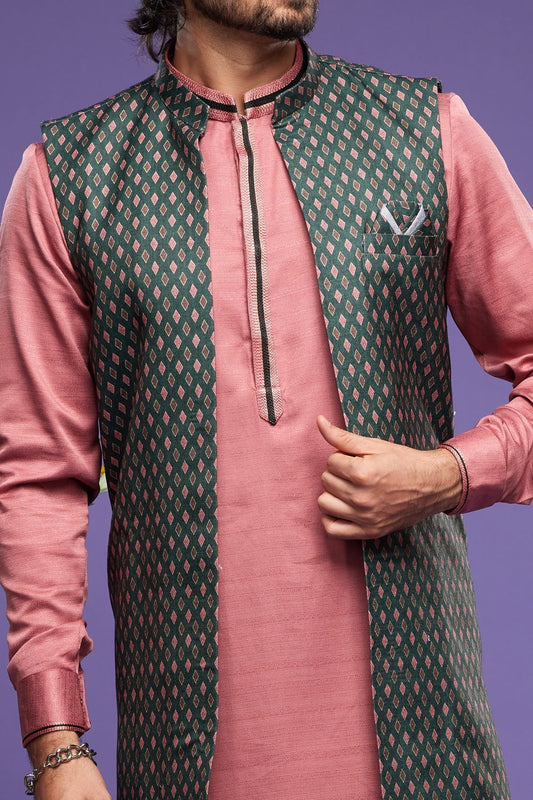 Green Art Silk Digital Printed Jacket Kurta (NMK-7082) - Nihal Fashions