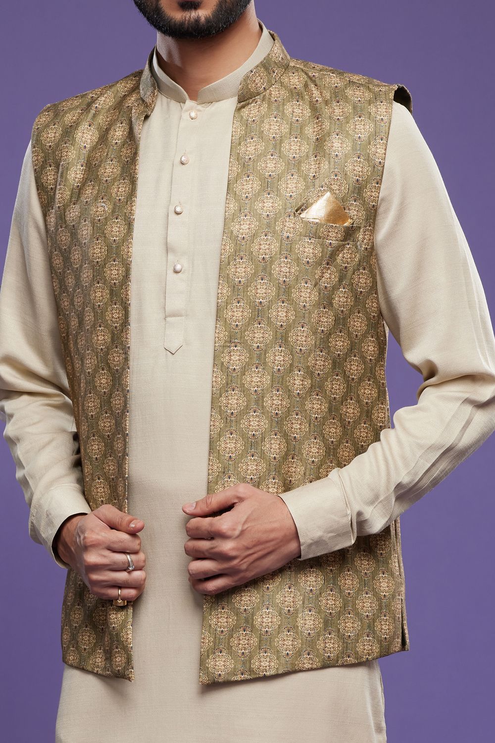Green Art Silk Digital Printed Jacket Kurta (NMK-7096) - Nihal Fashions
