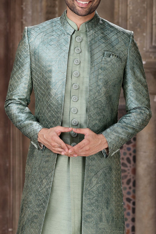 Green Art Silk Indo Western for Men (NMK-6841) - Nihal Fashions