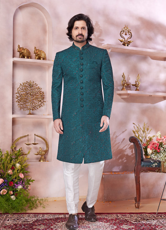 Green Art Silk Mens Sherwani (NMK-8303) - Nihal Fashions